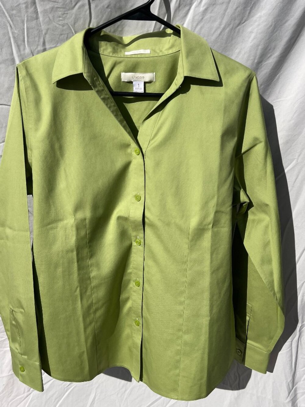 Chicos Womens Long Sleeve Button Down Dress Shirt Size 1 Green No Iron Cotton